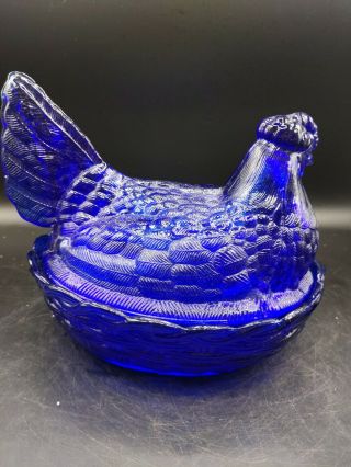 Iridescent Cobalt Blue Carnival Glass Hen On Nest Candy Dish 6 1/2 