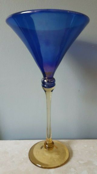Rick Strini 9 7/8 " Martini Glass Blue Cobalt W/gold Stems Iridescent Art Glass