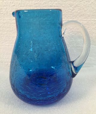 Vintage Hand Blown Blue Crackle Glass Pitcher 5 - 1/2 " W/applied Clear Handle