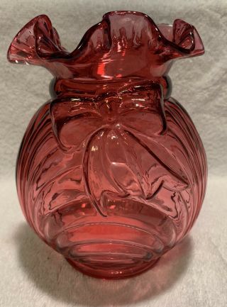 Fenton Art Glass Cranberry Red Drape & Bow Ruffled Vase 7 " Optic Circles