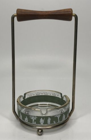 Wedgewood Hellenic Jasperware Grecian Jeanette Green Glass Ashtray W Brass Stand