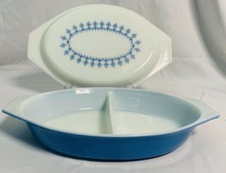 Vintage Pyrex 043 Snowflake Blue Garland 1.  5 Qt Oval Casserole Dish With Lid