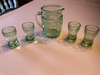 Vintage Mosser Glass Jennifer Miniatures Pitcher 4 Tumblers Green Glass Tea Set
