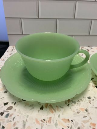 FIRE KING JADEITE ALICE FLORAL TEA CUP AND SAUCER SET Of 2 2