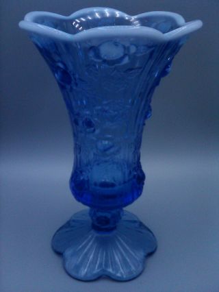 Fenton Glass Blue Opalescent Tall Vase W/ Embossed Rose