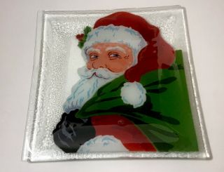 Peggy Karr Fused Glass 9.  5” Square Santa Claus Plate Signed