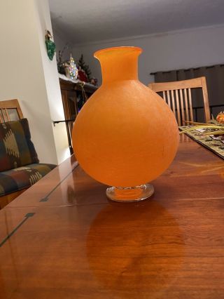 Hand Blown Art Glass Orange Vase 9” Signed -