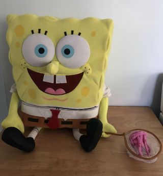 Rare 2000 Viacom Large Plush Spongebob With Removable Pants,  Net And Octopus