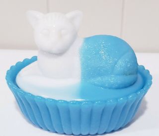 Westmoreland Milk Glass Blue White Slag Glass Cat Covered Dish Box
