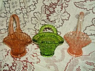 3 Vintage Glass Basketweave Baskets Pink / Green / Amber