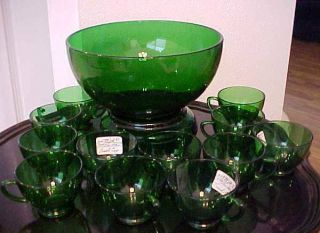 Hocking Mid Century Modern Complete Forest Green Glass Punch Bowl W Base 12 Cups