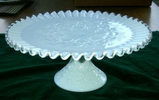 Vintage Fenton Silver Crest Milk Glass Spanish Lace Pedestal Footed Cake Stand