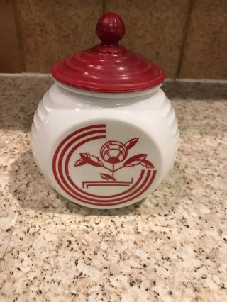Vintage Fire King? Vitrock Red Feathers Grease Jar With Lid