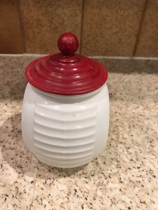 Vintage Fire King? Vitrock Red Feathers Grease Jar with Lid 2