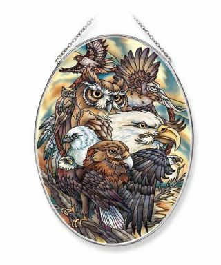 Amia Glass " Sky Kings " Eagles Owl Hawk Oval Suncatcher Hand - Painted