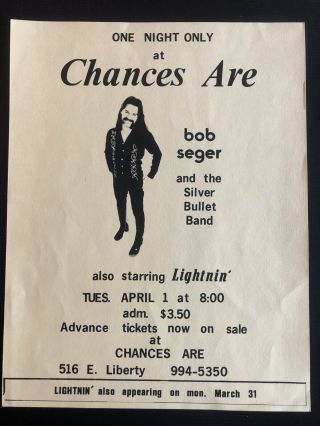 Bob Seger Silver Bullet Band 1975 Concert Flyer Handbill Ann Arbor Mi