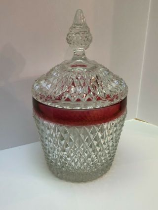 Vintage Indiana Glass Diamond Point Canister Wlid Cranberry Flash Rim Cookie Jar