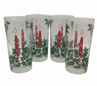 Libbey Christmas Holly Candle Clear Glasses Tumblers Vintage Set Of 4 Holiday