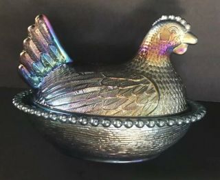Indiana Carnival Glass Iridescent Blue Hen On Nest Vintage Candy Dish