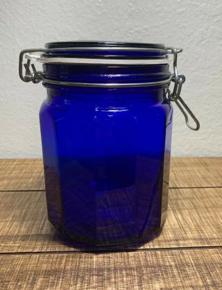 Vtg Cobalt Blue Glass Jar Canister With Rubber Seal & Hinged Bale Wire Closure.