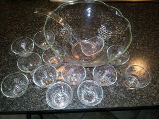 Vintage Anchor Hocking Grape Pattern - Cut Glass Punch Bowl Set 12 Cups & Ladle