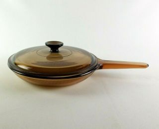 Vintage Vision Corning France 10 " Amber Skillet Waffle Bottom Fry Pan With Lid
