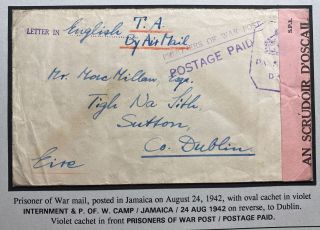 1942 Jamaica Prisoner Of War Pow Camp Censored Cover To Dublin Ireland