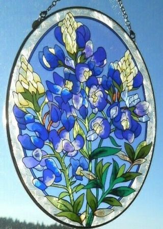 Amia Glass " Blue Bonnets " Oval Suncatcher - Hand Painted