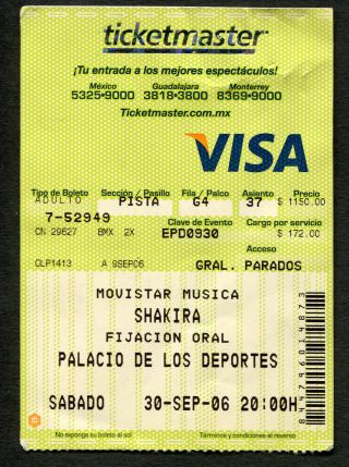 2006 Shakira Concert Ticket Stub Mexico City Fijacion Oral