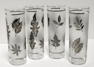 4 Libbey Silver Leaf Foliage Frosted Tall Glasses Ice Tea Tom Collins 7 " T 12 Oz