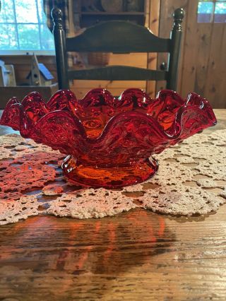 Vintage Ruby Red Glass Compote/fruit Bowl Scalloped Edge,  Pedestal,  10 Inches