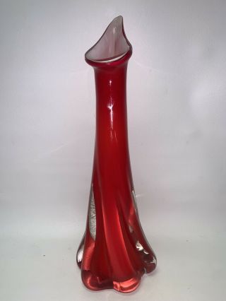 Rare Hand Blown,  Murano Ruby Red & Clear,  Italian Vase 11 5/8” H.
