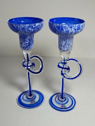 Jozefina Krosno Poland Cobalt Blue & White Art Glass Candle Holder Set Of Two