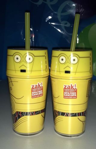 Two (2) C - 3po Star Wars 13oz Zak Plastic Tumbler Cups With Lids And Straws