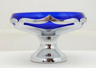 Farber Bros Art Deco Chrome Cobalt Low Compote Footed Bowl 3.  5 " H