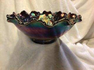 Vtg Fenton Blue/purple Carnival Glass Bowl W/scalloped Edges/leaves,  Berries