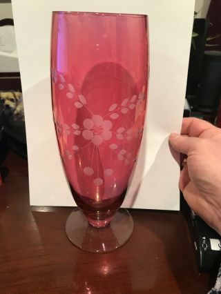 Vintage Cranberry Depression Glass Vase Etched Flower Design Clear Pedestal