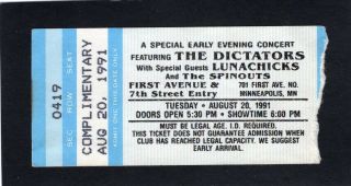 1991 The Dictators Lunachicks Concert Ticket Stub Minneapolis First Avenue