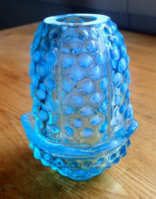 2 - Pc Fenton Blue Opalescent Hobnail Fairy Lamp Or Light Candle Holder