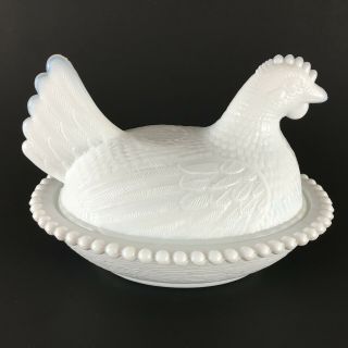 Indiana Hen On Nest White Milk Glass Chicken Candy Dish Bowl Trinket W/ Lid
