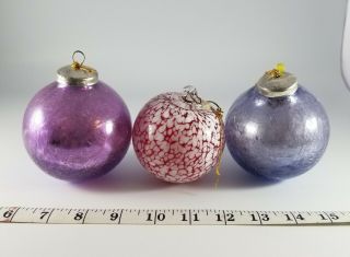 3 Vintage Hand Blown Glass Christmas Ornaments Heavy Blue Purple Red