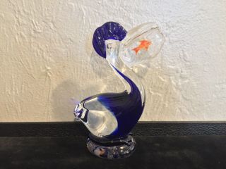 Blue Hand Blown Art Glass Pelican Figurine With Fish Murano Style Paperweight 5 "