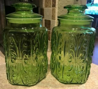 Vintage Imperial Le Smith Green Atterbury Scroll Canisters Set Of 2,  Retro