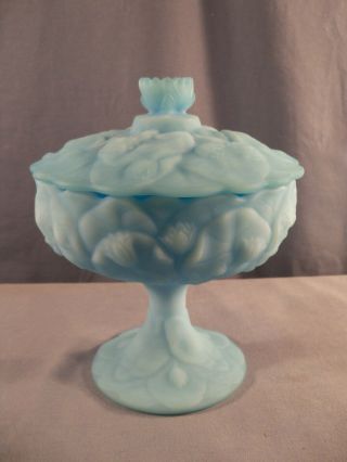 Fenton Blue Satin Glass Covered Compote Candy Dish W/ Water Lily Pattern