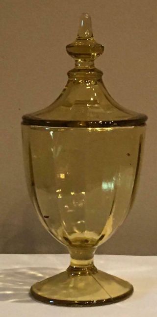 Vintage Yellow Amber Glass Covered Candy Dish Bowl 2 - Cup Panel Pedestal