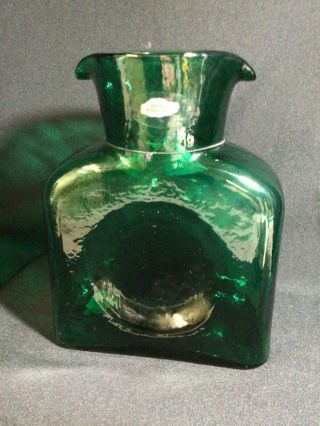 Vintage Blenko Glass Emerald Green Water Double Spout Pitcher Label