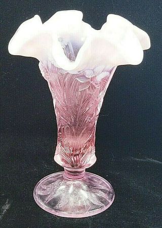 Vintage Fenton Daffodil Pink Opalescent Art Glass Ruffled Rim Vase