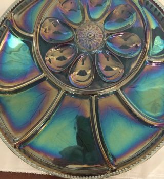 Indiana Blue Carnival Glass Pebble Leaf Egg & Relish Plate Serving Dish Tray
