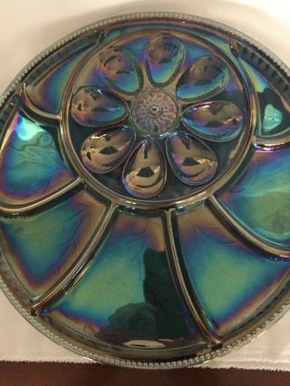INDIANA BLUE CARNIVAL GLASS PEBBLE LEAF EGG & RELISH PLATE SERVING DISH TRAY 2