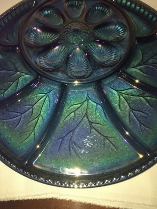 INDIANA BLUE CARNIVAL GLASS PEBBLE LEAF EGG & RELISH PLATE SERVING DISH TRAY 3